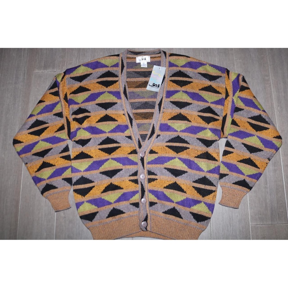 Vintage Jed Sportswear Mens Medium Geometric Diamond Cardigan Sweater Purple NOS
